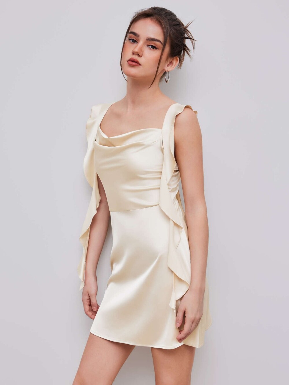 Cider NWT Champagne Satin Cowl Neck Cascading Ruffle Mini Dress XS